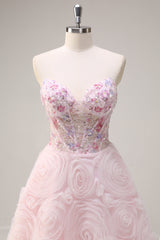 Funkelndes rosa Prinzessin trägerloses Blumen Korsett Langes Ballkleid mit Pailletten