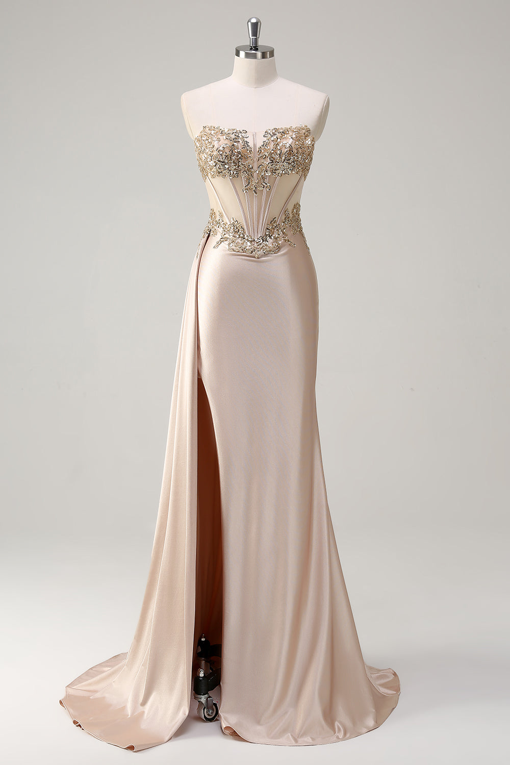 Zapaka Damen Champagner Meerjungfrau Satin Ballkleid mit Pailletten Trägerloses Korsett Seite Cape Abendkleid