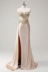 Zapaka Damen Champagner Meerjungfrau Satin Ballkleid mit Pailletten Trägerloses Korsett Seite Cape Abendkleid