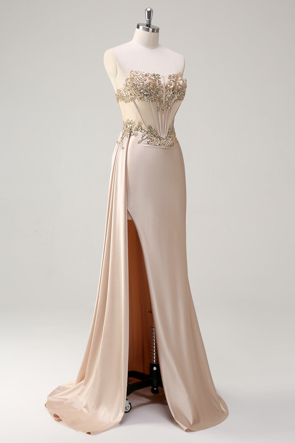 Champagner Trägerloses Meerjungfrauen Satin Seiten Cape Ballkleid mit Pailletten