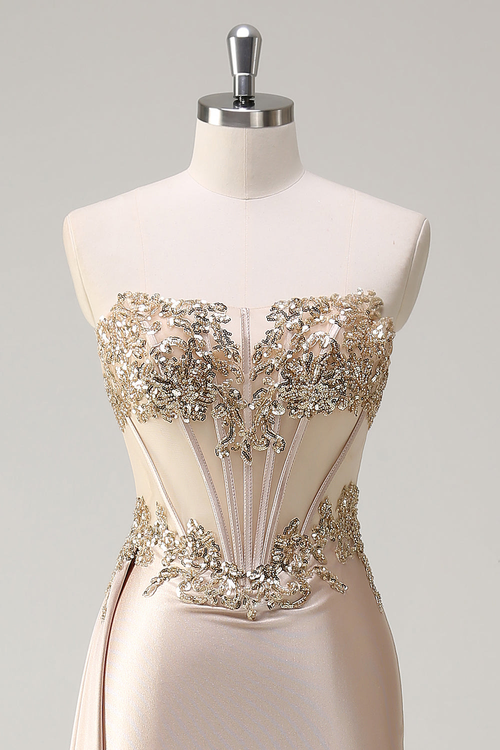 Champagner Trägerloses Meerjungfrauen Satin Seiten Cape Ballkleid mit Pailletten