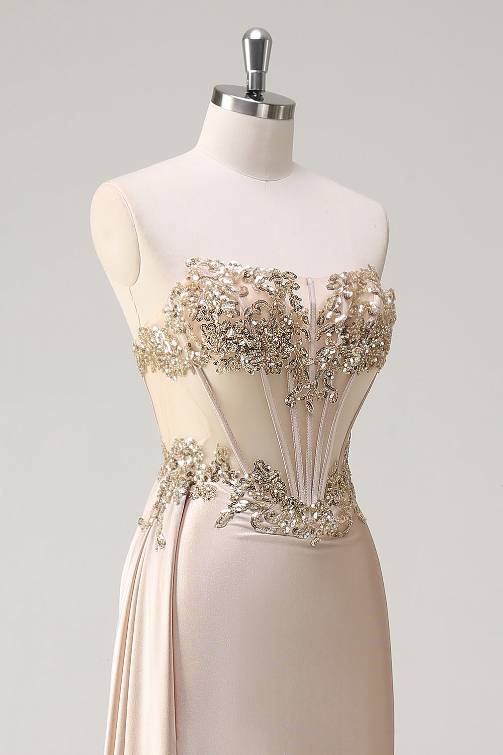 Champagner Trägerloses Meerjungfrauen Satin Seiten Cape Ballkleid mit Pailletten