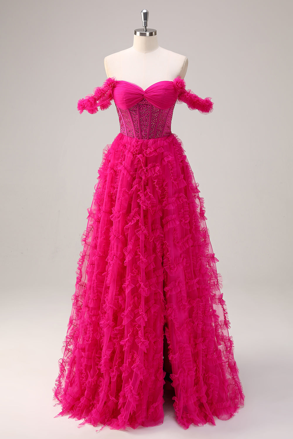 Fuchsia Gestuftes A-Linie Schulterfreies langes Korsett Ballkleid mit Perlenstickerei