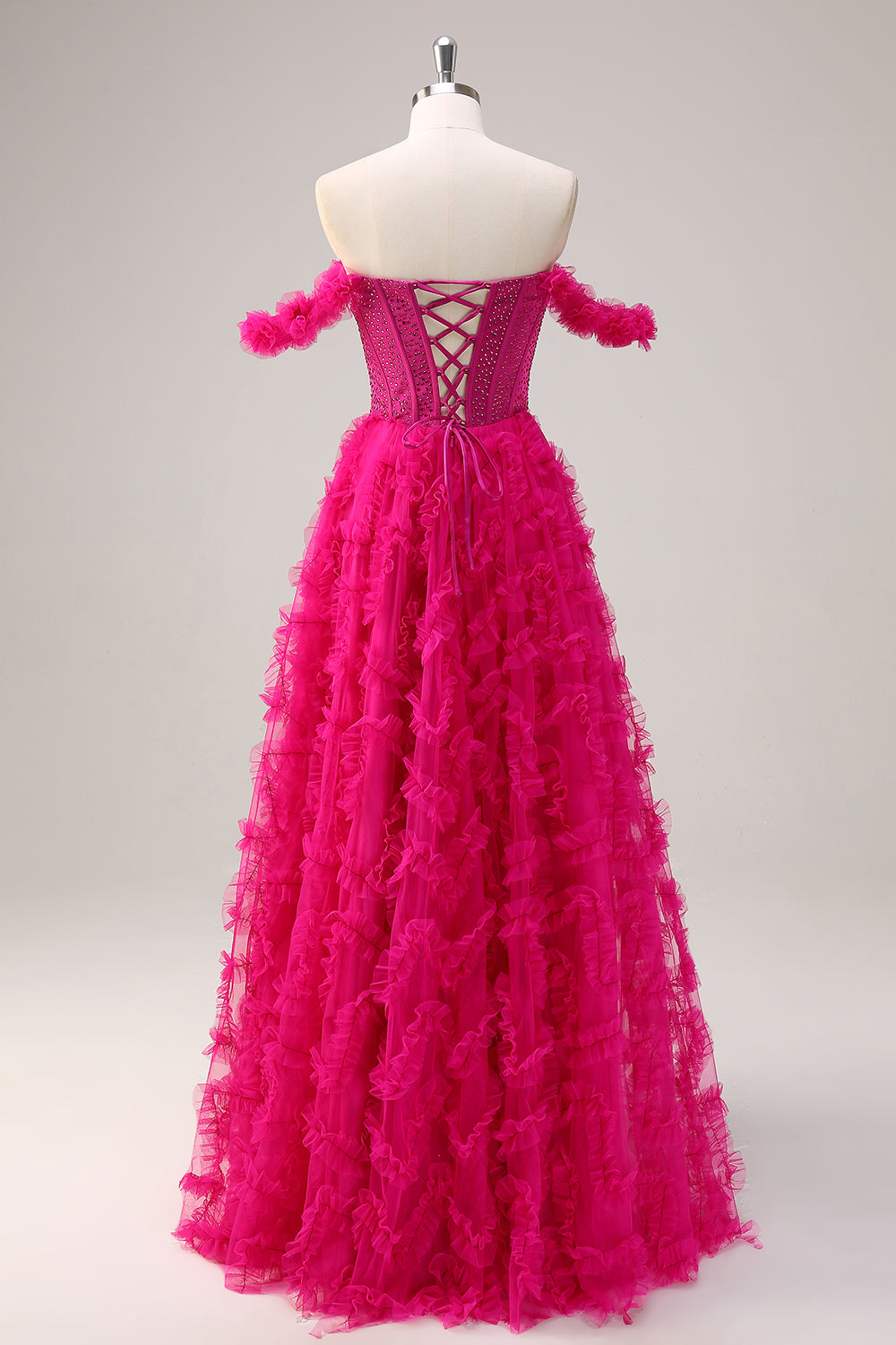 Fuchsia Gestuftes A-Linie Schulterfreies langes Korsett Ballkleid mit Perlenstickerei