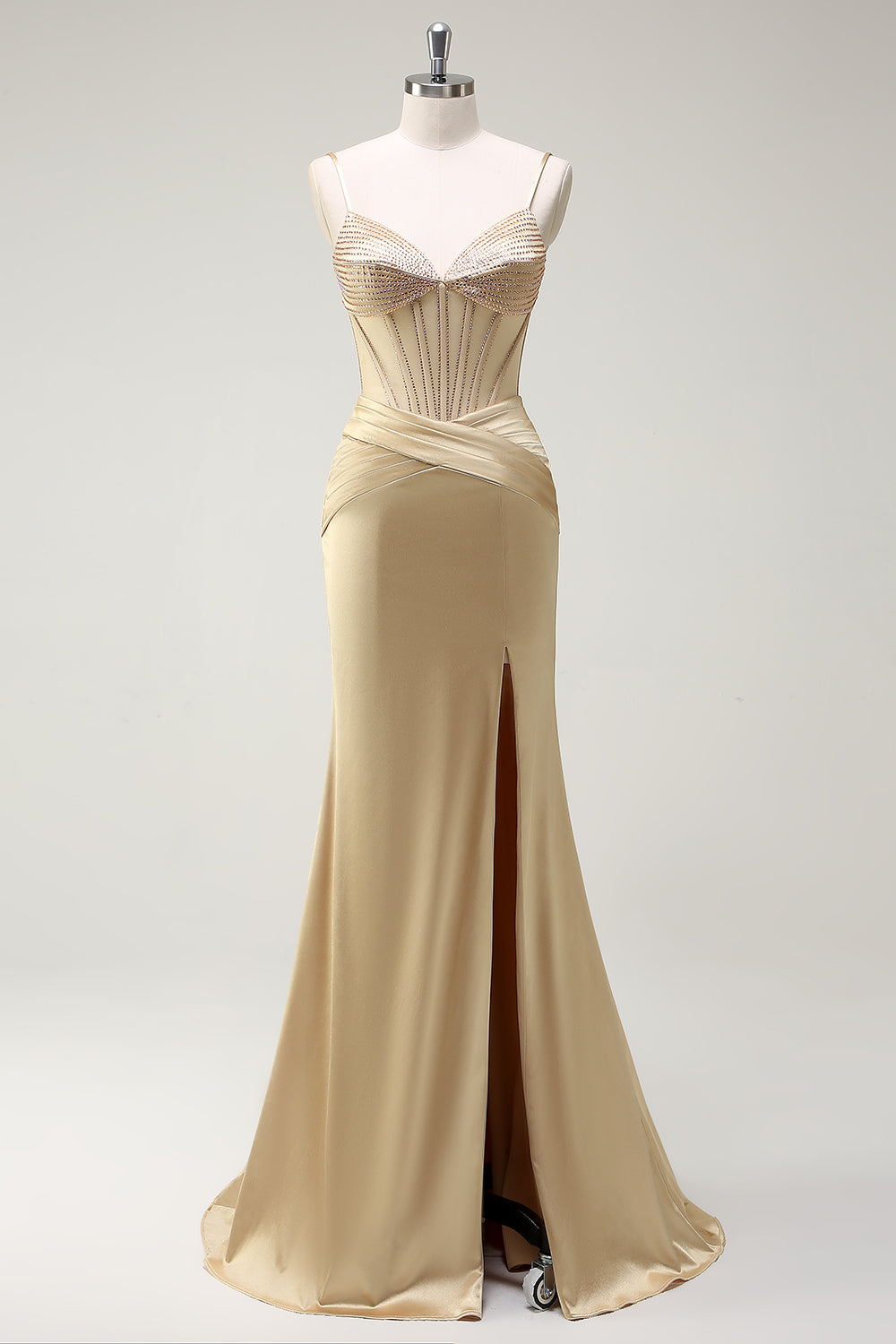 Glitzernde Meerjungfrau Spaghettiträger Goldenes Korsett Langes Ballkleid mit Schlitz