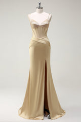 Glitzernde Meerjungfrau Spaghettiträger Goldenes Korsett Langes Ballkleid mit Schlitz