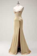 Glitzernde Meerjungfrau Spaghettiträger Goldenes Korsett Langes Ballkleid mit Schlitz