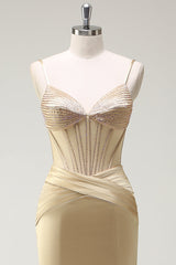 Glitzernde Meerjungfrau Spaghettiträger Goldenes Korsett Langes Ballkleid mit Schlitz