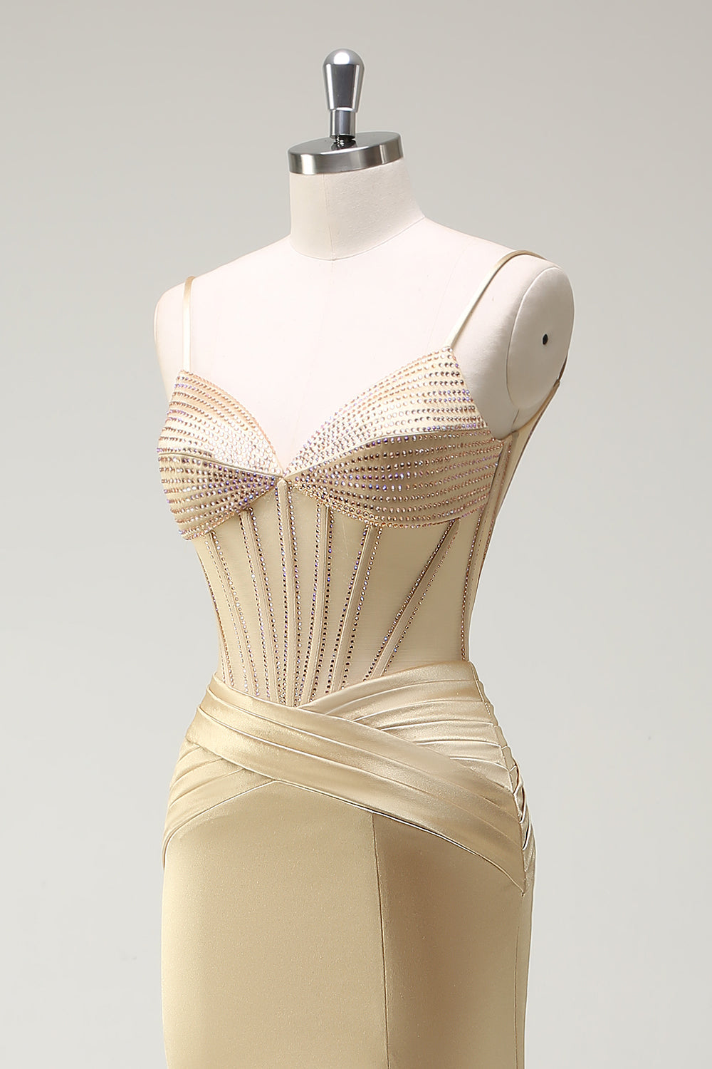 Glitzernde Meerjungfrau Spaghettiträger Goldenes Korsett Langes Ballkleid mit Schlitz