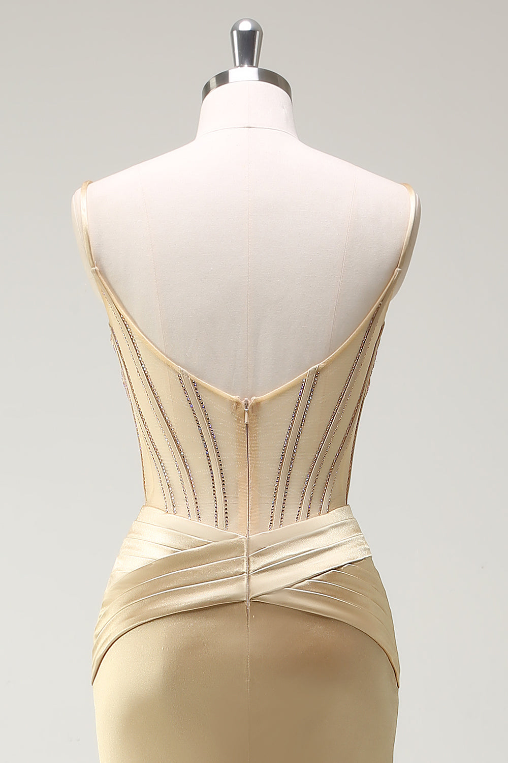 Glitzernde Meerjungfrau Spaghettiträger Goldenes Korsett Langes Ballkleid mit Schlitz