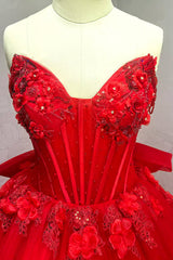 Glitzer Herzausschnitt Tüll Appliziertes Rotes Quinceanera Kleid mit Schleppe