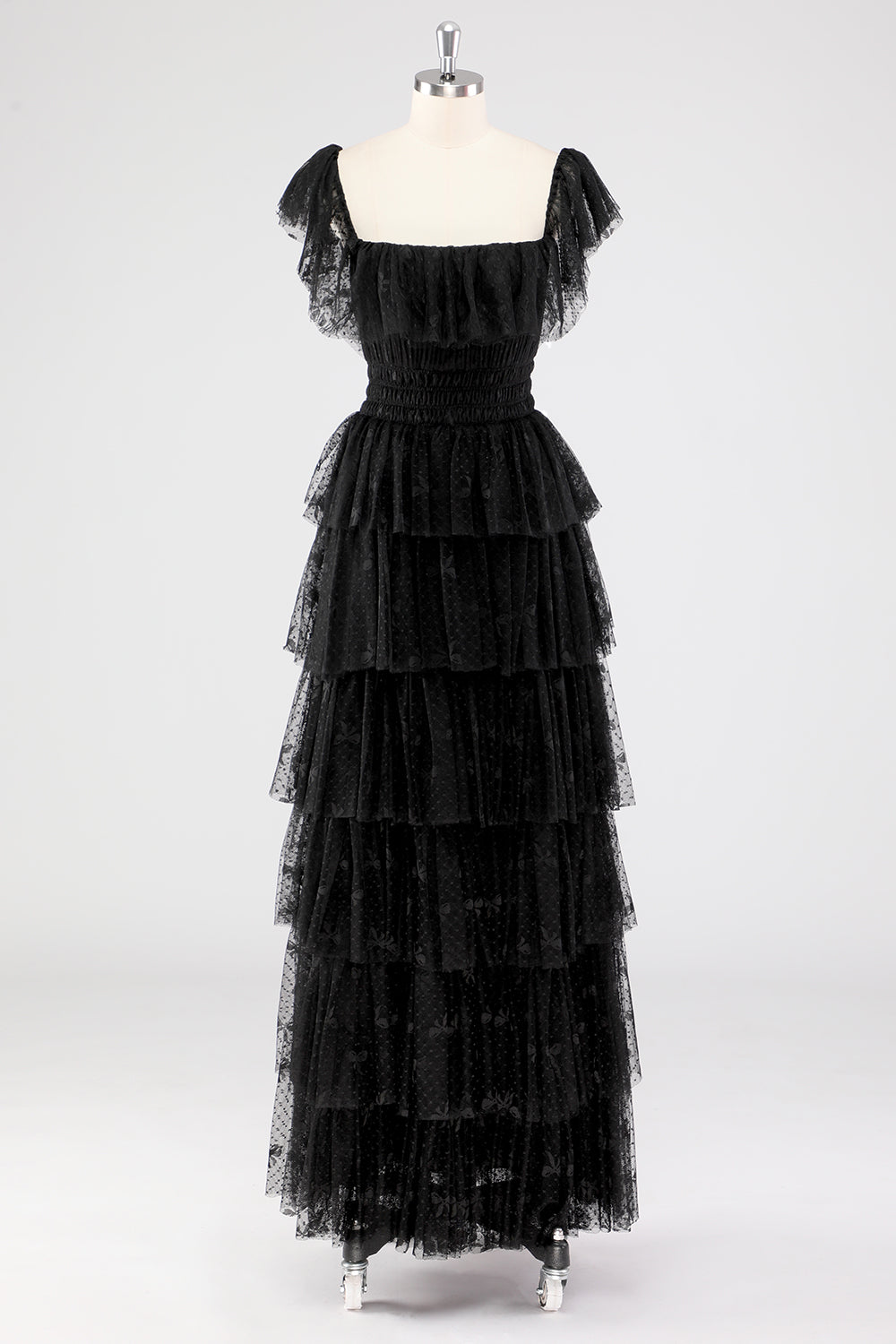 A Linie Schwarzes Gestuftes Ballkleid mit quadratischem Ausschnitt