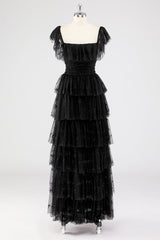 A Linie Schwarzes Gestuftes Ballkleid mit quadratischem Ausschnitt