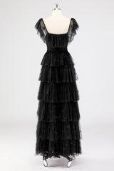 A Linie Schwarzes Gestuftes Ballkleid mit quadratischem Ausschnitt