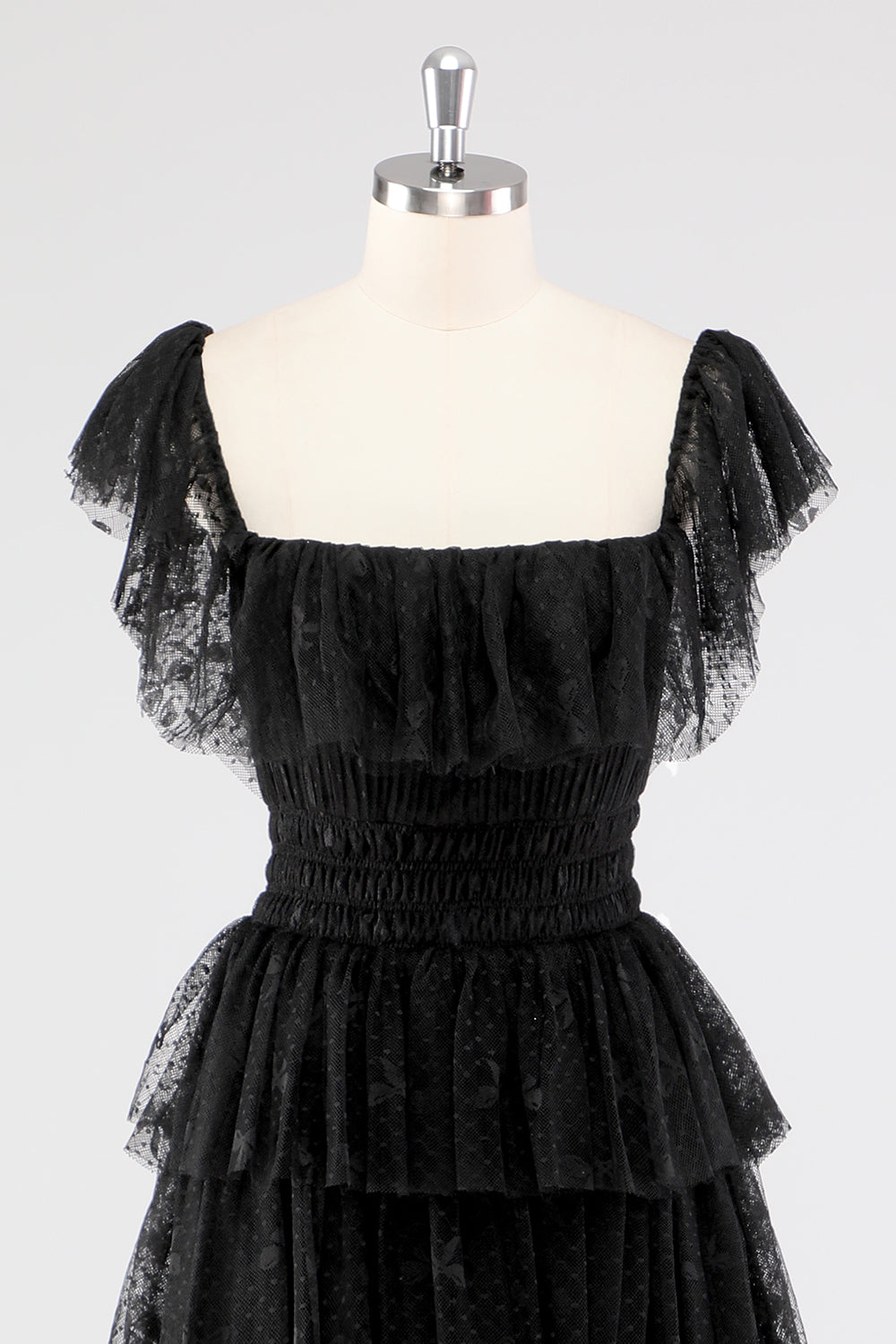 A Linie Schwarzes Gestuftes Ballkleid mit quadratischem Ausschnitt