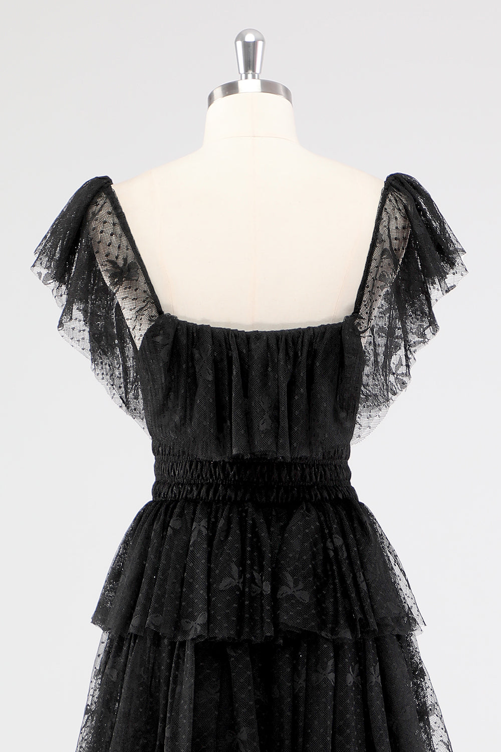 A Linie Schwarzes Gestuftes Ballkleid mit quadratischem Ausschnitt