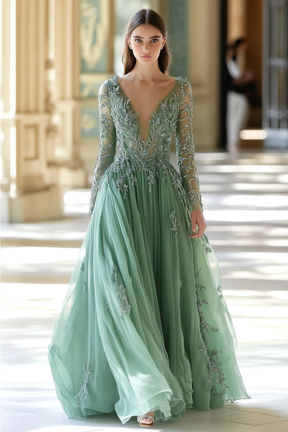 Zapaka Damen Langes Salbei Ballkleid Applikation A-Linie Lange Ärmel V-Ausschnitt Süßes Abendkleid