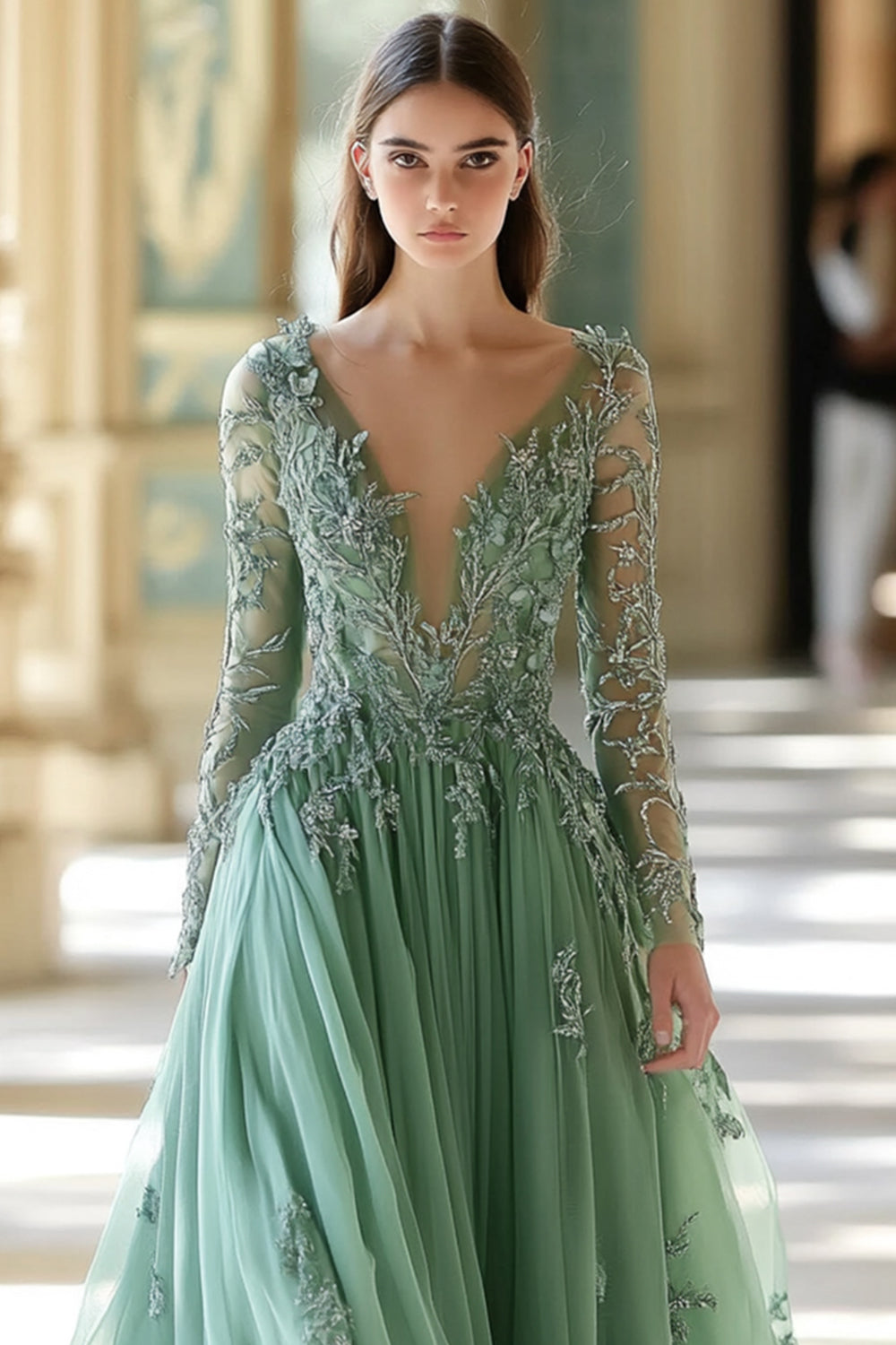 Salbei Langes A-Linie V-Ausschnitt Ballkleid mit Applikation