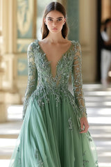 Salbei Langes A-Linie V-Ausschnitt Ballkleid mit Applikation