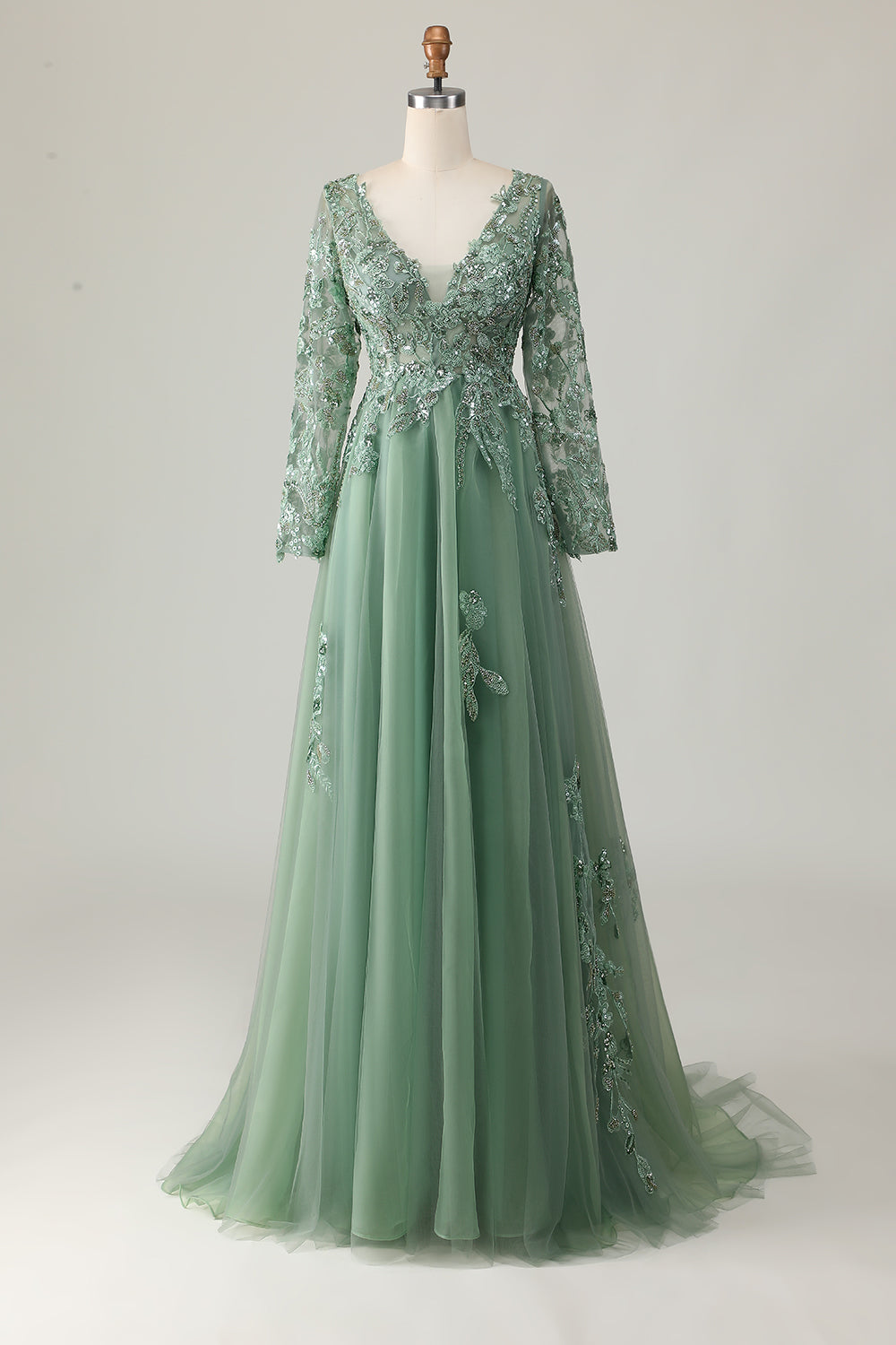Salbei Langes A-Linie V-Ausschnitt Ballkleid mit Applikation
