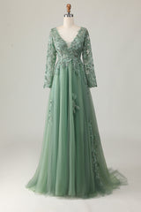 Salbei A-Linie V-Ausschnitt Ballkleid mit Applikation