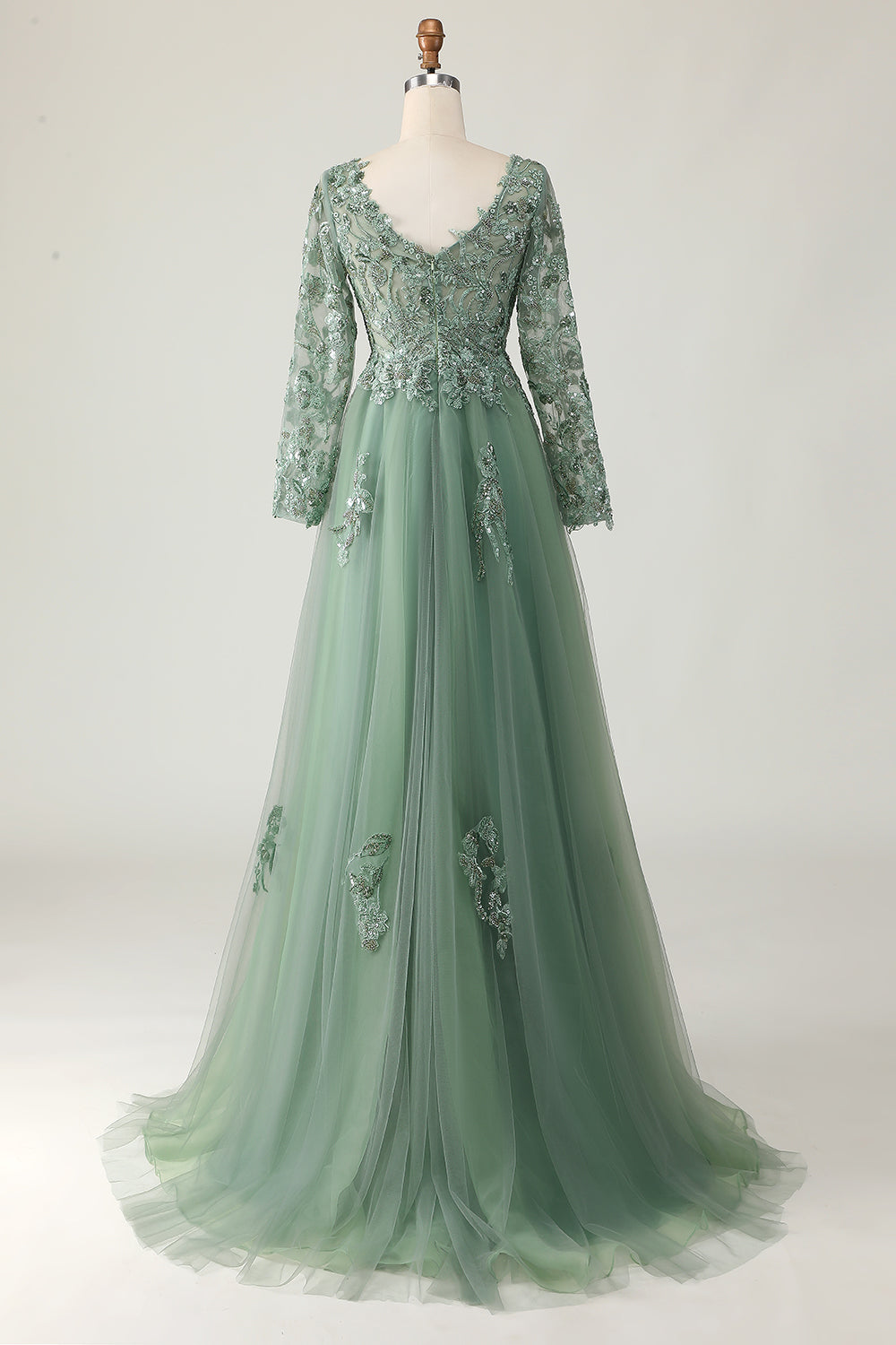 Salbei Langes A-Linie V-Ausschnitt Ballkleid mit Applikation
