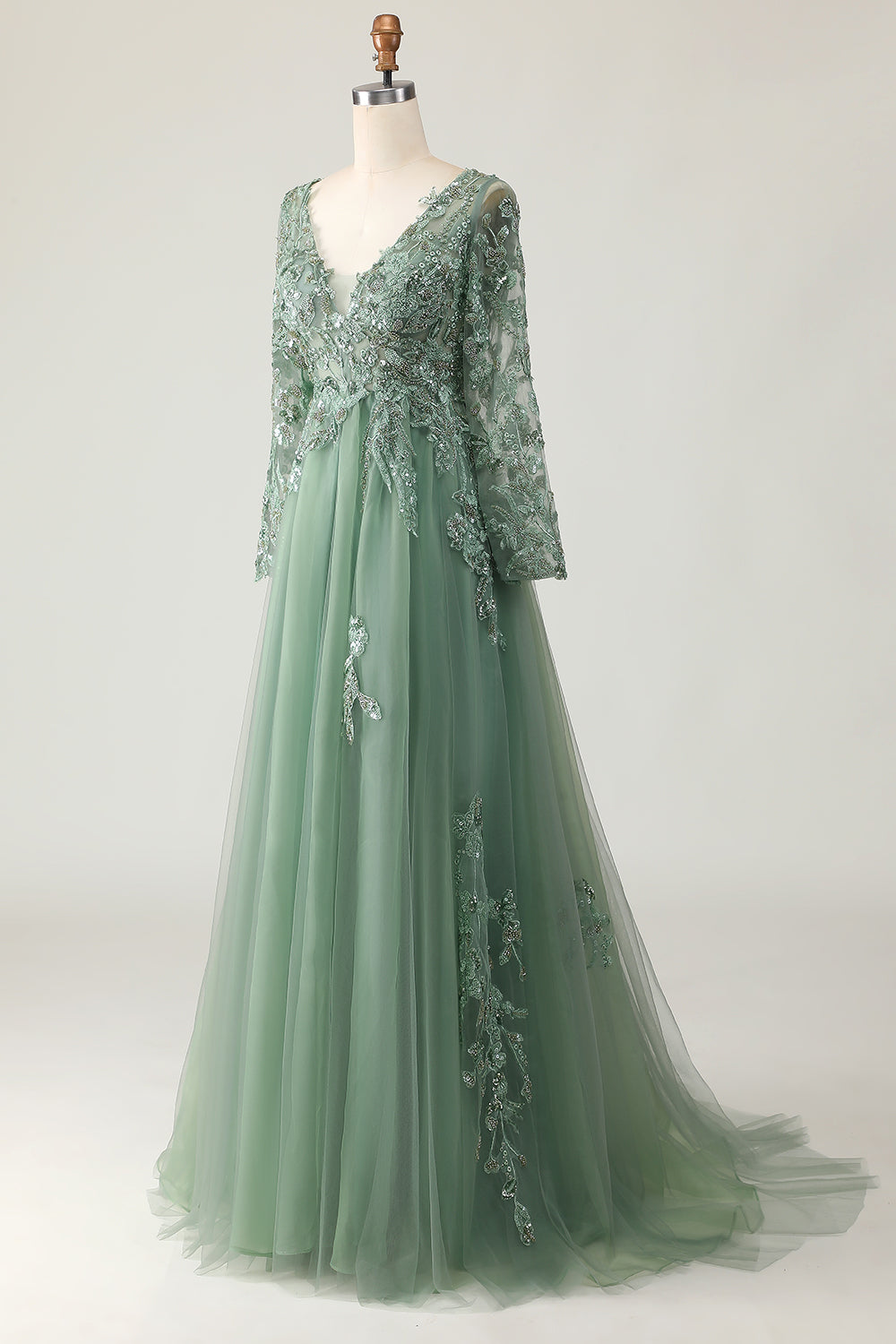 Salbei Langes A-Linie V-Ausschnitt Ballkleid mit Applikation
