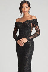Schwarzes Schulterfreies Etui Abendkleid aus Mesh und Spitze