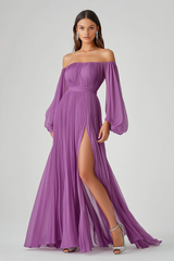 Lila A Linie Langärmeliges Chiffon Abendkleid mit Schlitz