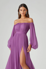 Lila A Linie Langärmeliges Chiffon Abendkleid mit Schlitz