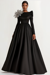 Zapaka Damen Schwarzes Satin U-Ausschnitt Abendkleid Lange Ärmel A-Linie Langes Hochzeitsgastkleid