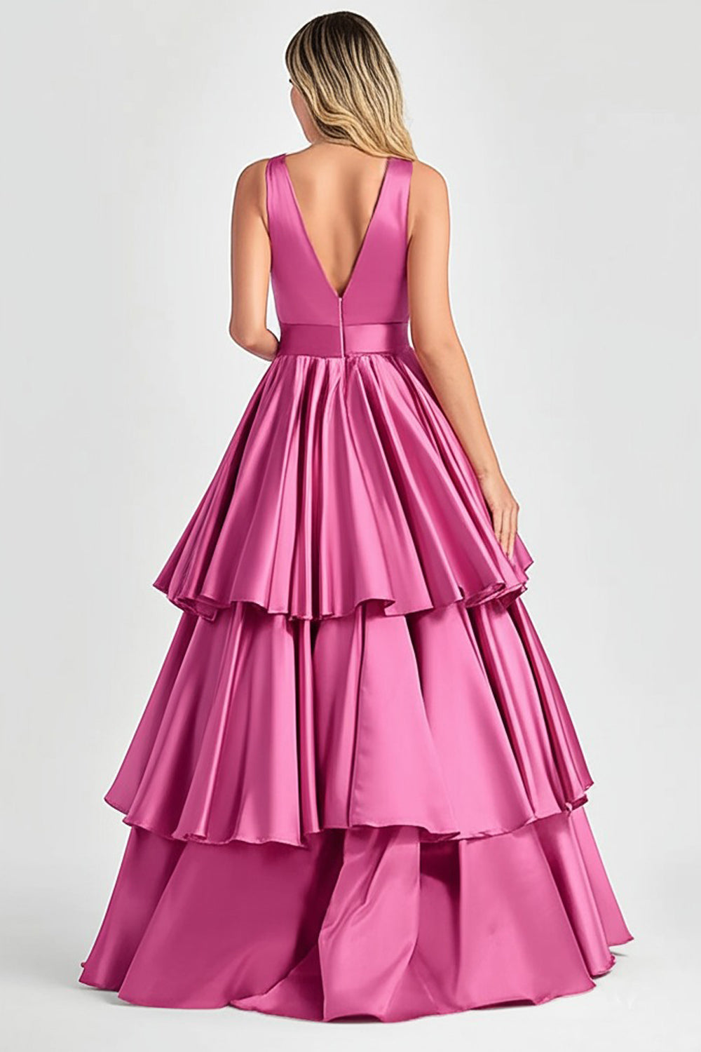 Fuchsia Ballkleid in A-Linie mit V-Ausschnitt und Rüschen