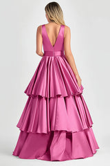 Fuchsia Ballkleid in A-Linie mit V-Ausschnitt und Rüschen
