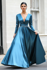 Dunkelblaues Langes Ballkleid in A-Linie mit V-Ausschnitt und langen Ärmeln