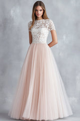 Zapaka Damen Hellrosa Brautjungfernkleid mit kurzen Ärmeln A Linie Spitze Tüll Rundhalsausschnitt Hochzeit Gastkleid