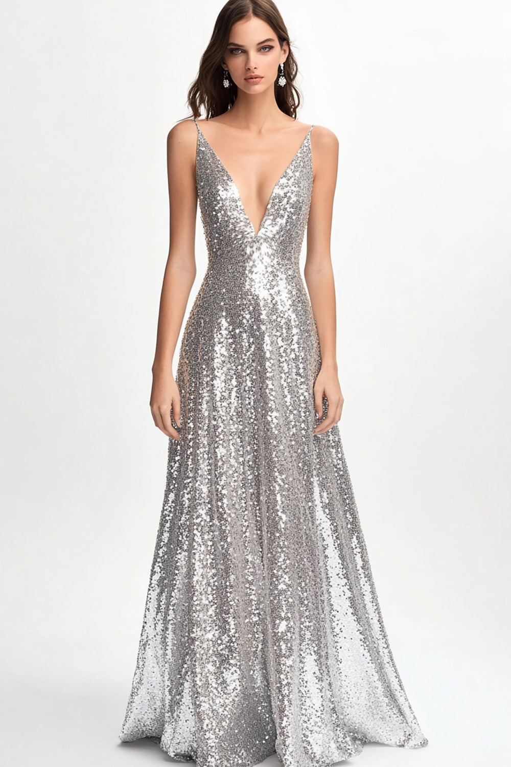 Glitzerndes Silbernes A-Linie V-Ausschnitt Ballkleid mit Pailletten