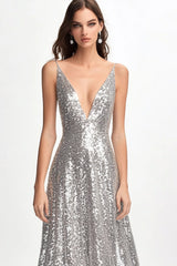 Glitzerndes Silbernes A-Linie V-Ausschnitt Ballkleid mit Pailletten