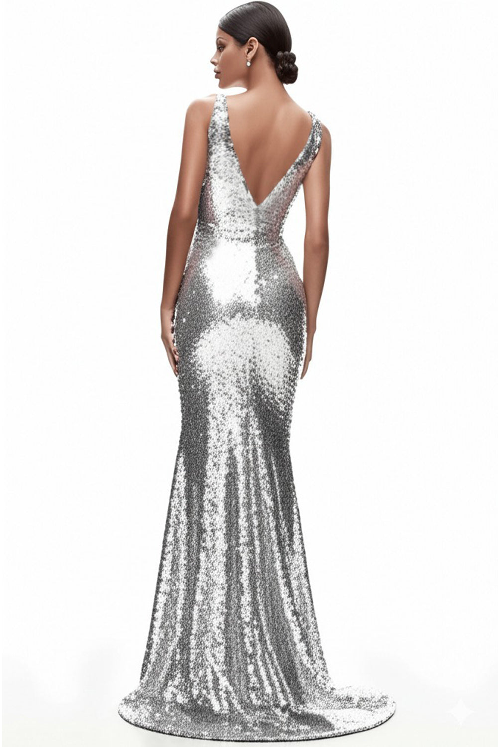 Glitzerndes silbernes Meerjungfrauen V-Ausschnitt Abendkleid mit Pailletten