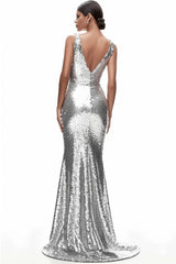 Glitzerndes silbernes Meerjungfrauen V-Ausschnitt Abendkleid mit Pailletten