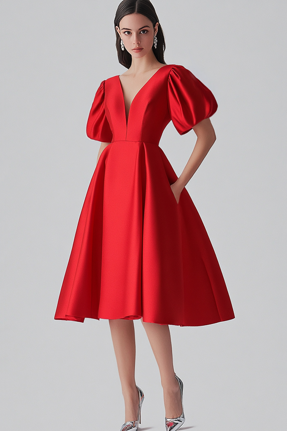 Rotes A-Linie Satin Partykleid mit Puffärmeln
