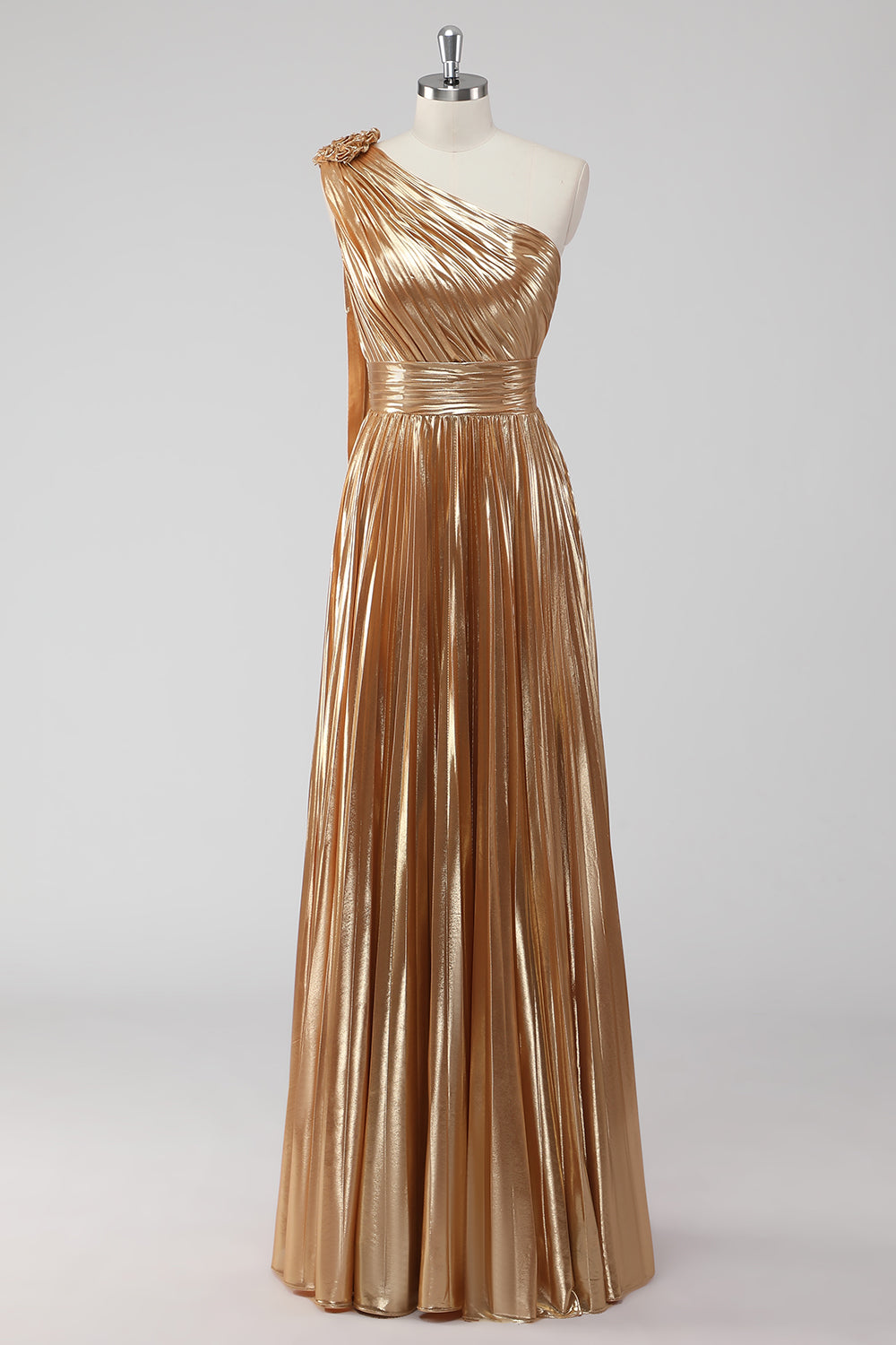 Goldenes A-Linie Metallic Satin Abendkleid mit einer Schulter