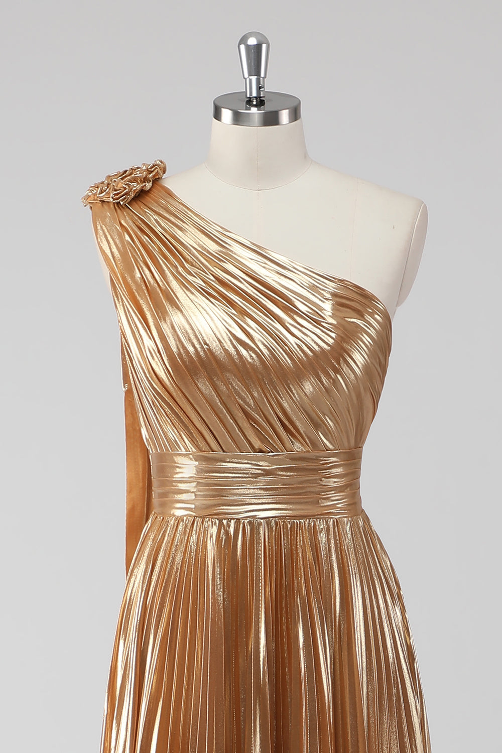 Goldenes A-Linie Metallic Satin Ballkleid mit einer Schulter