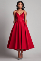 Zapaka Damen Rotes Satin A-Linie Partykleid Spaghettiträger Teelänge Abendkleid