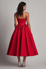 Rotes Teelänge A-Linie Satin Partykleid