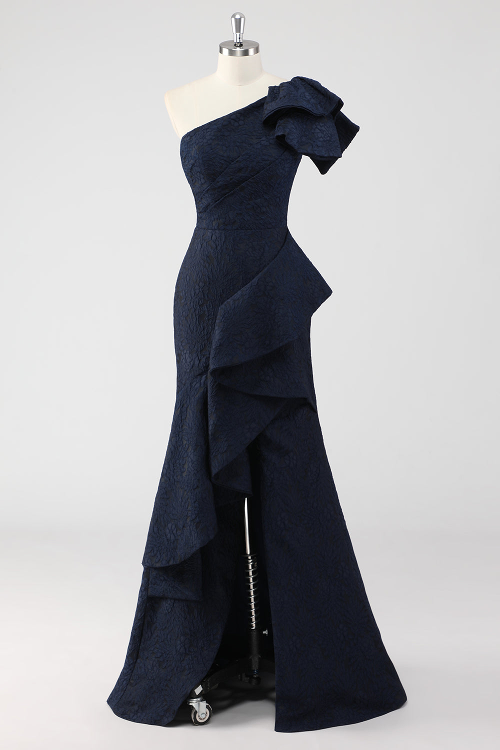 Marineblaues Ein-Schulter Meerjungfrauen Abendkleid mit Rüschen