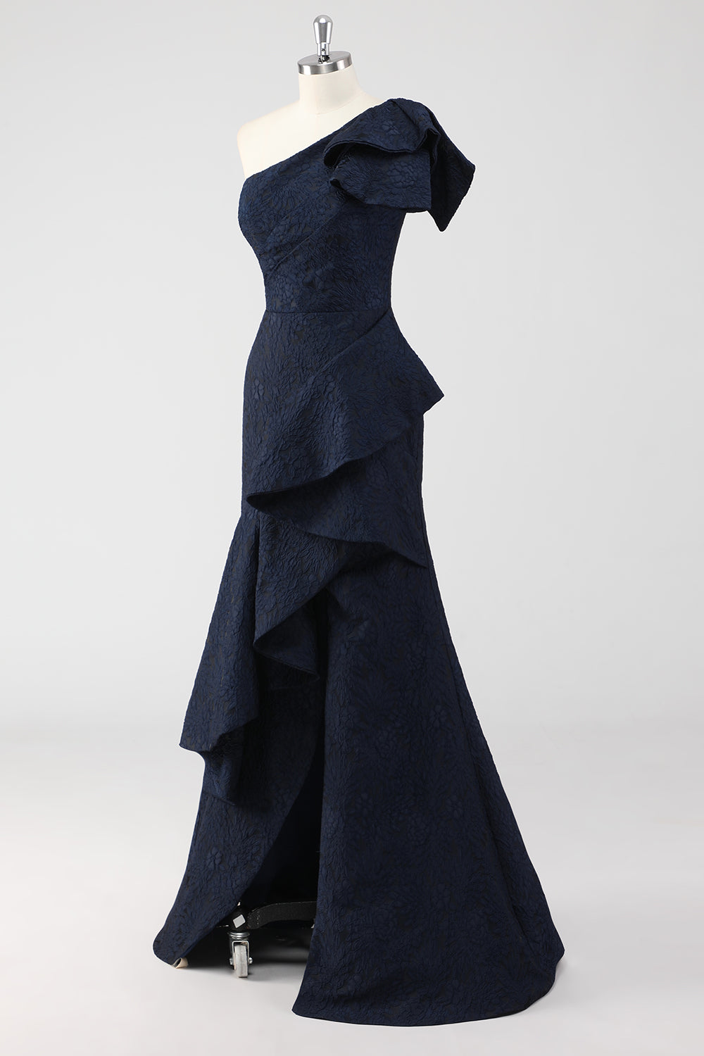 Marineblaues Ein-Schulter Meerjungfrauen Abendkleid mit Rüschen