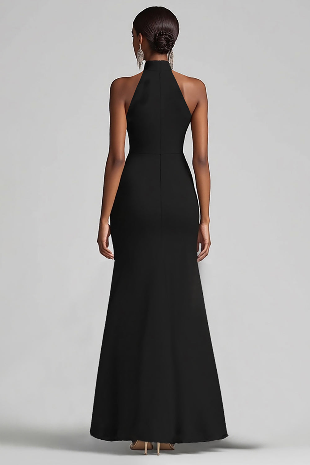 Schwarzes Meerjungfrau Langes Neckholder Rüschen Ballkleid mit Schlitz