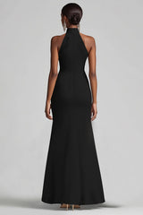 Schwarzes Meerjungfrau Langes Neckholder Rüschen Abendkleid mit Schlitz