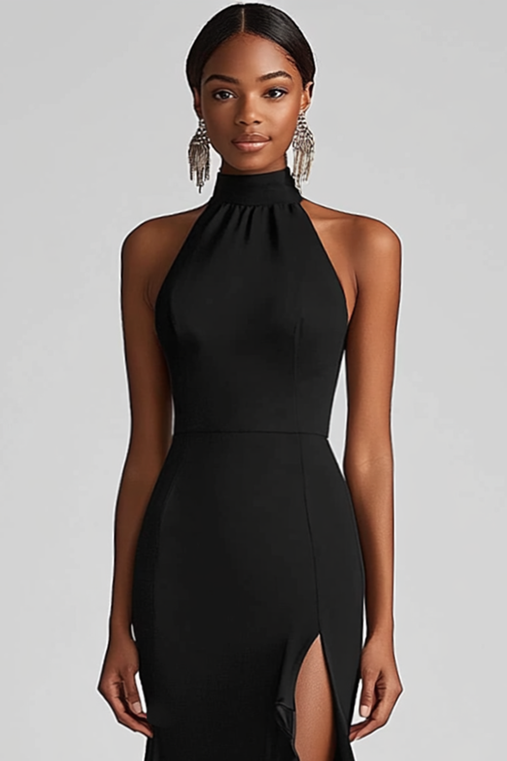 Schwarzes Meerjungfrau Langes Neckholder Rüschen Ballkleid mit Schlitz