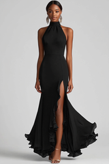 Zapaka Damen Neckholder Ballkleid Schwarzes Rüschen Meerjungfrau Langes Abendkeid mit Schlitz